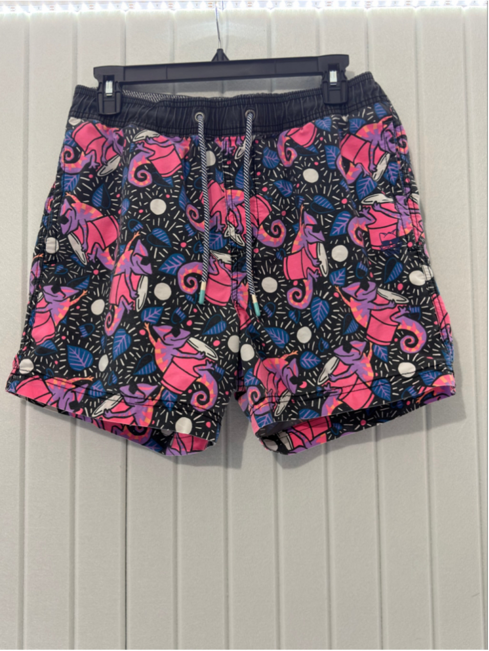 Party Pants Men’s Iguana Swim Trunks Pink Purple Beer Pong Cup Print